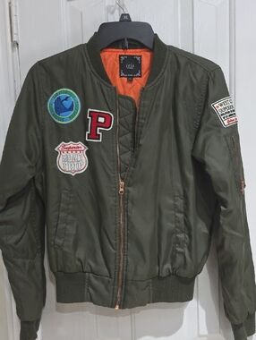 iris Olive Green Bomber Jacket with Orange Lining and Patch Accents Size S